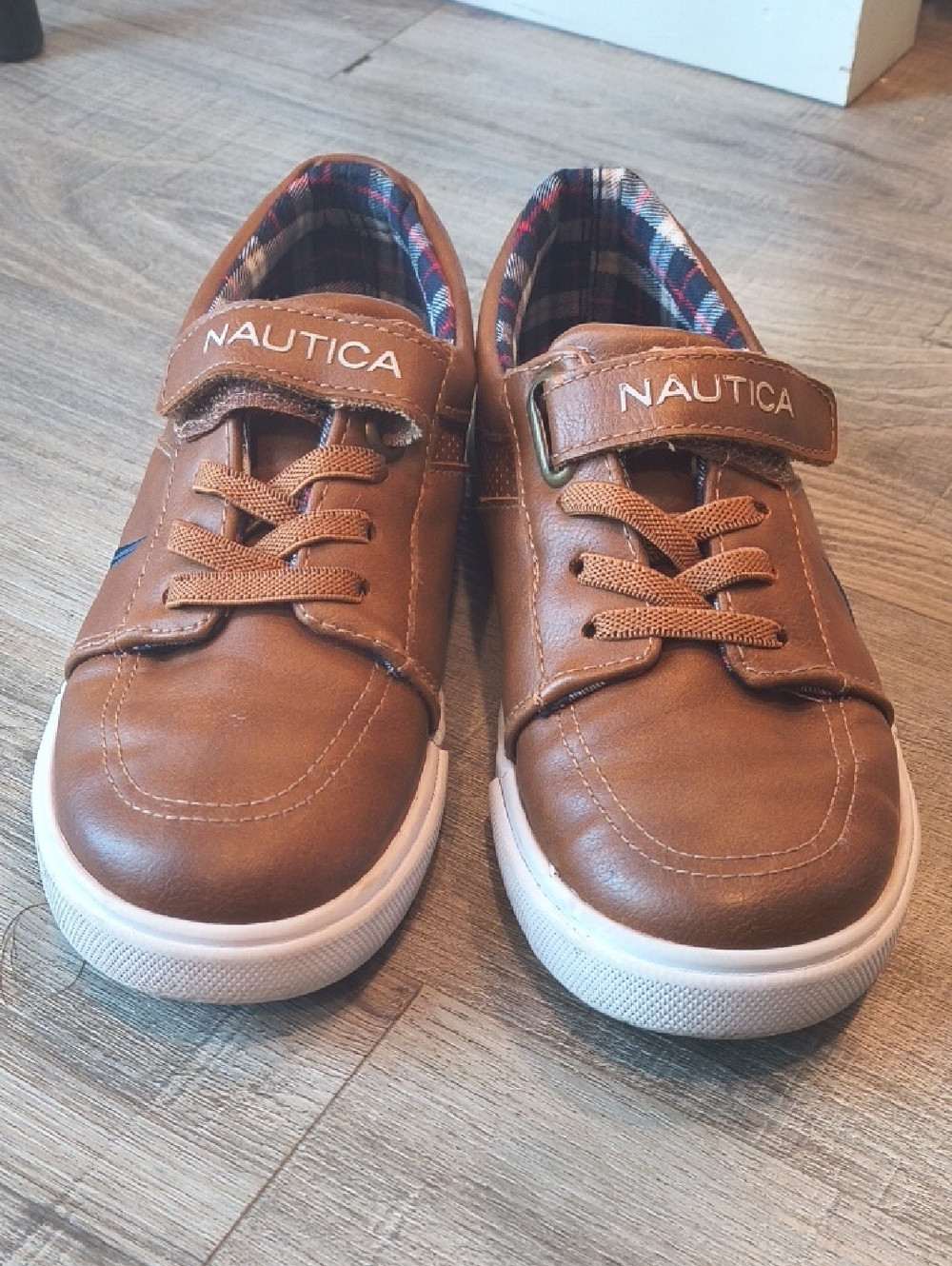 Nautica Kids Tan Leather-Look Sneakers with Plaid Lining